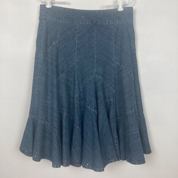 Vintage Y2K Tasha Polizzi Grommet Denim Skirt Womens 4 Flared Cotton 32in Waist - Picture 1 of 8